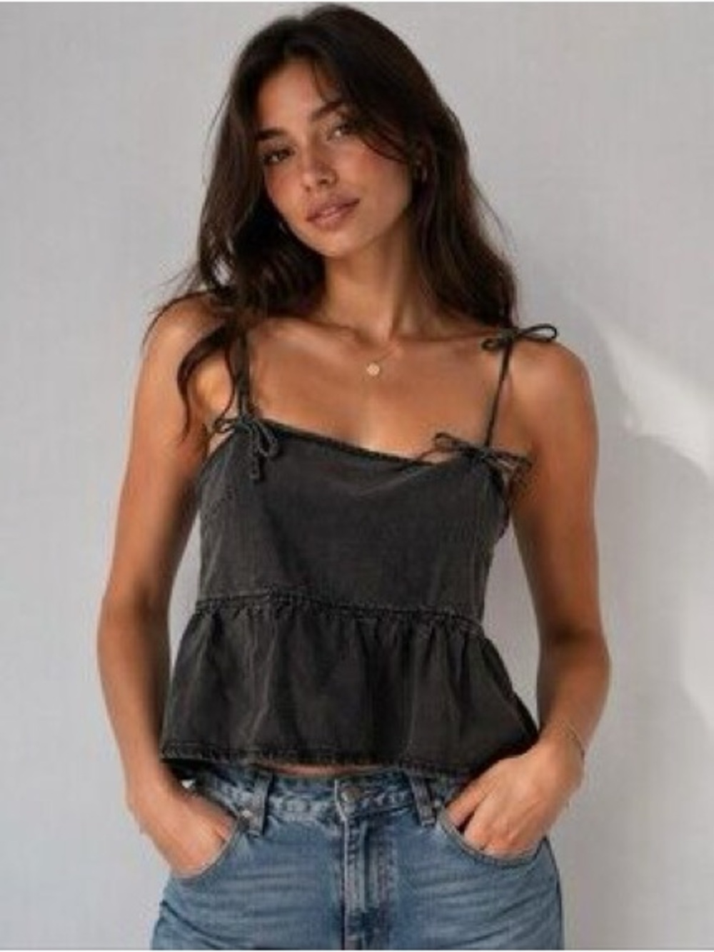 wild fable Washed Black Tie-Shoulder Peplum Cami
